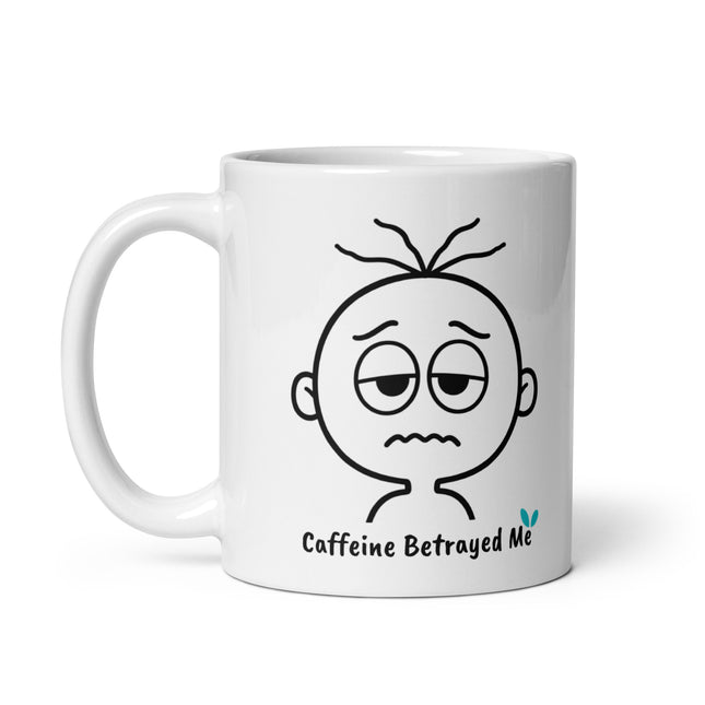 Left view of the Yasumoti Caffeine Betrayed Me funny 11 oz ceramic coffee mug.
