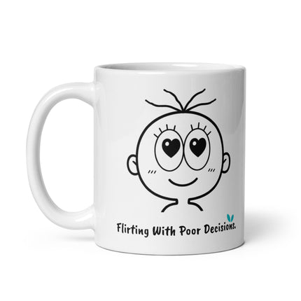Left view of the Yasumoti Flirting With Poor Decisions funny love-themed 11 oz ceramic coffee mug.
