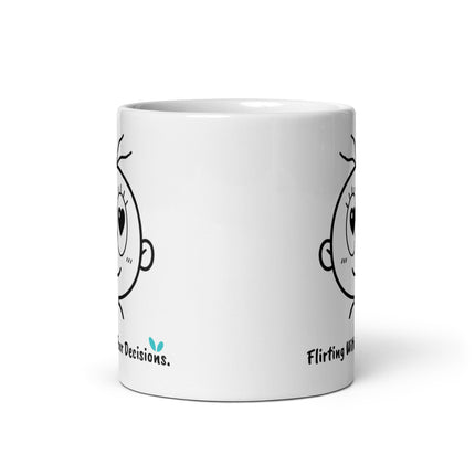 Rear view of the Yasumoti Flirting With Poor Decisions funny love-themed 11 oz ceramic coffee mug.
