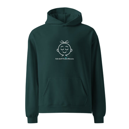 Yasumoti Calm Until Proven Otherwise hoodie featuring a calm emotional character face and funny quote design.
