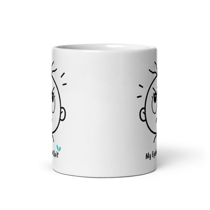 rear view of the Yasumoti My Eyebrow Quit funny 11 oz ceramic coffee mug.