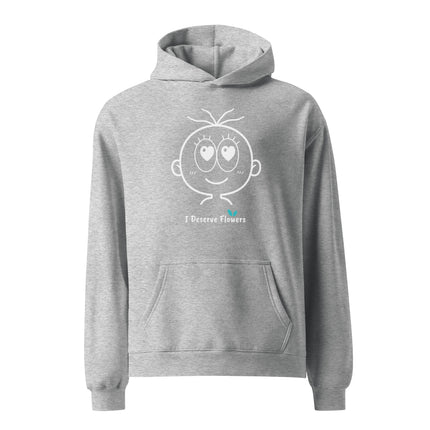 Yasumoti I Deserve Flowers hoodie featuring a love emotional character face and funny self-love quote design.