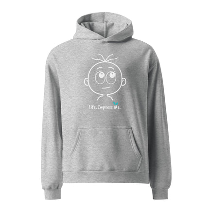 Yasumoti Life, Impress Me hoodie featuring a hopeful emotional character face and funny optimistic quote design.