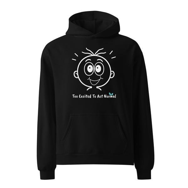 Yasumoti Too Excited to Act Normal hoodie featuring an excited emotional character face and funny excitement quote design.