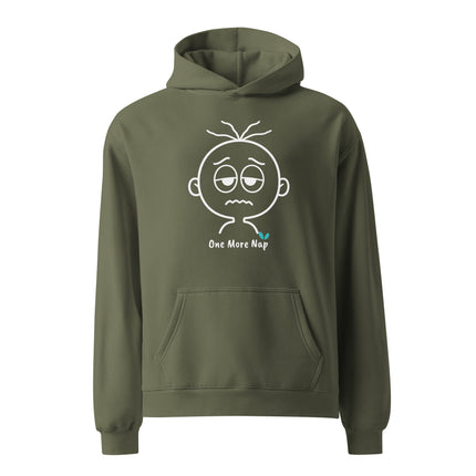 Yasumoti One More Nap hoodie featuring a tired emotional character face and funny nap quote design.