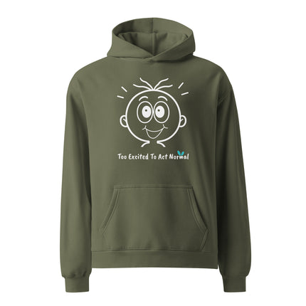 Yasumoti Too Excited to Act Normal hoodie featuring an excited emotional character face and funny excitement quote design.