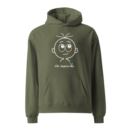 Yasumoti Life, Impress Me hoodie featuring a hopeful emotional character face and funny optimistic quote design.