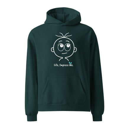 Yasumoti Life, Impress Me hoodie featuring a hopeful emotional character face and funny optimistic quote design.