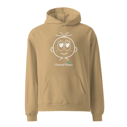 Yasumoti I Deserve Flowers hoodie featuring a love emotional character face and funny self-love quote design.