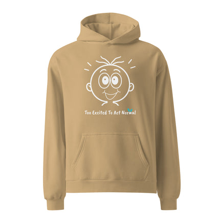 Yasumoti Too Excited to Act Normal hoodie featuring an excited emotional character face and funny excitement quote design.